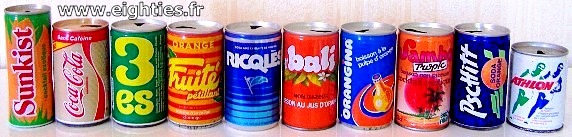 annees 80, 80's, eighties, canettes, boissons, boisson, vintage, soda, coca, orangina, sprite, souvenirs, alu, boites, pubs, nostalgie